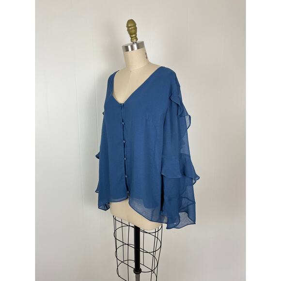 Vince Camuto Blue Ruffle Sheer Sleeve Chiffon V Neck Blouse 2X XXL Plus Size - Picture 6 of 16